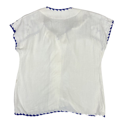 Vintage 80s White Blue Embroidered Floral Boho Blouse Top 12 14 M