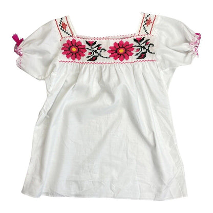 Vintage 80s90s White Cross Stitch Floral Handmade Tunic Smock Blouse Top L 14/16