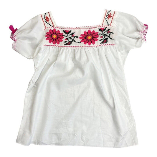 Vintage 80s90s White Cross Stitch Floral Handmade Tunic Smock Blouse Top L 14/16