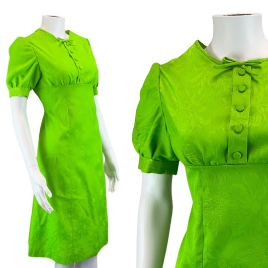 Vintage Green 60s Style Floral Bow Puff Sleeve Mod Dress 8 10 S