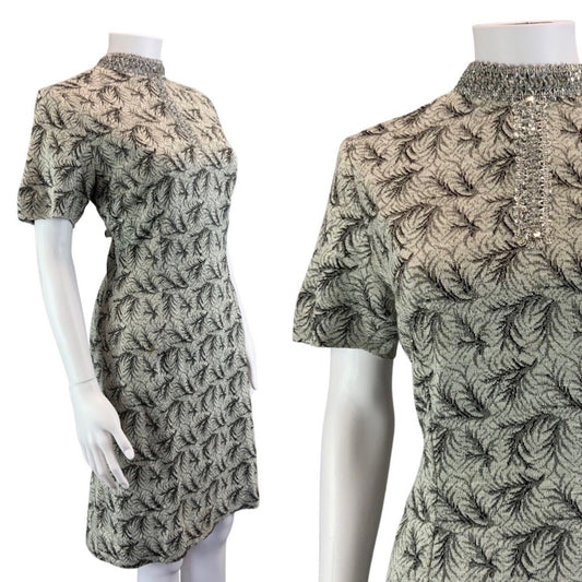 Vintage 60s 70s Silver Grey Embellished Short Sleeve Leaf Pattern Dress 8 10 S