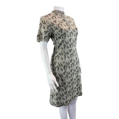 Vintage 60s 70s Silver Grey Embellished Short Sleeve Leaf Pattern Dress 8 10 S