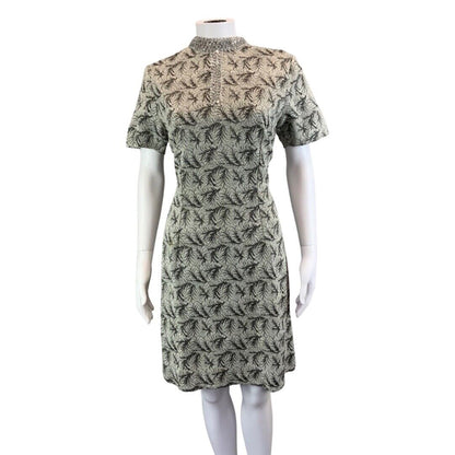 Vintage 60s 70s Silver Grey Embellished Short Sleeve Leaf Pattern Dress 8 10 S