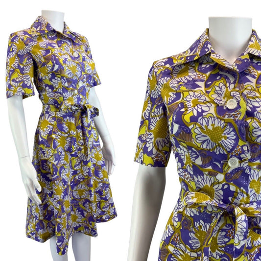 Vintage 70s Purple Yellow Floral Psychedelic Pattern Belted Shirt Dress 8 10 S