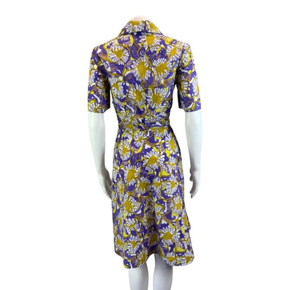Vintage 70s Purple Yellow Floral Psychedelic Pattern Belted Shirt Dress 8 10 S