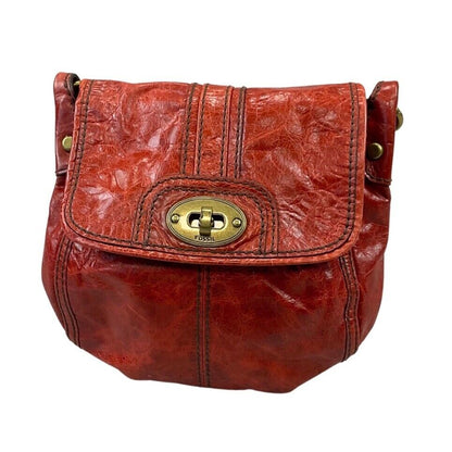 Vintage 90s Red Gold Fossil Leather Shoulder Handbag