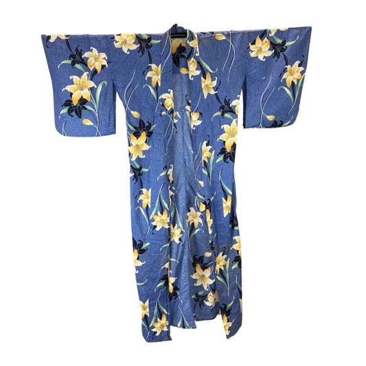 Vintage 80s 90s Blue Yellow Hawaiian Floral Komon Kimono 16 L