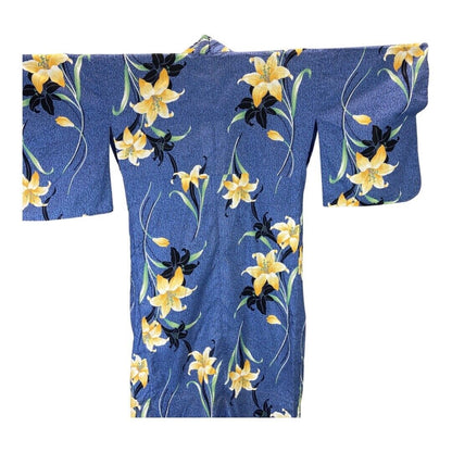 Vintage 80s 90s Blue Yellow Hawaiian Floral Komon Kimono 16 L