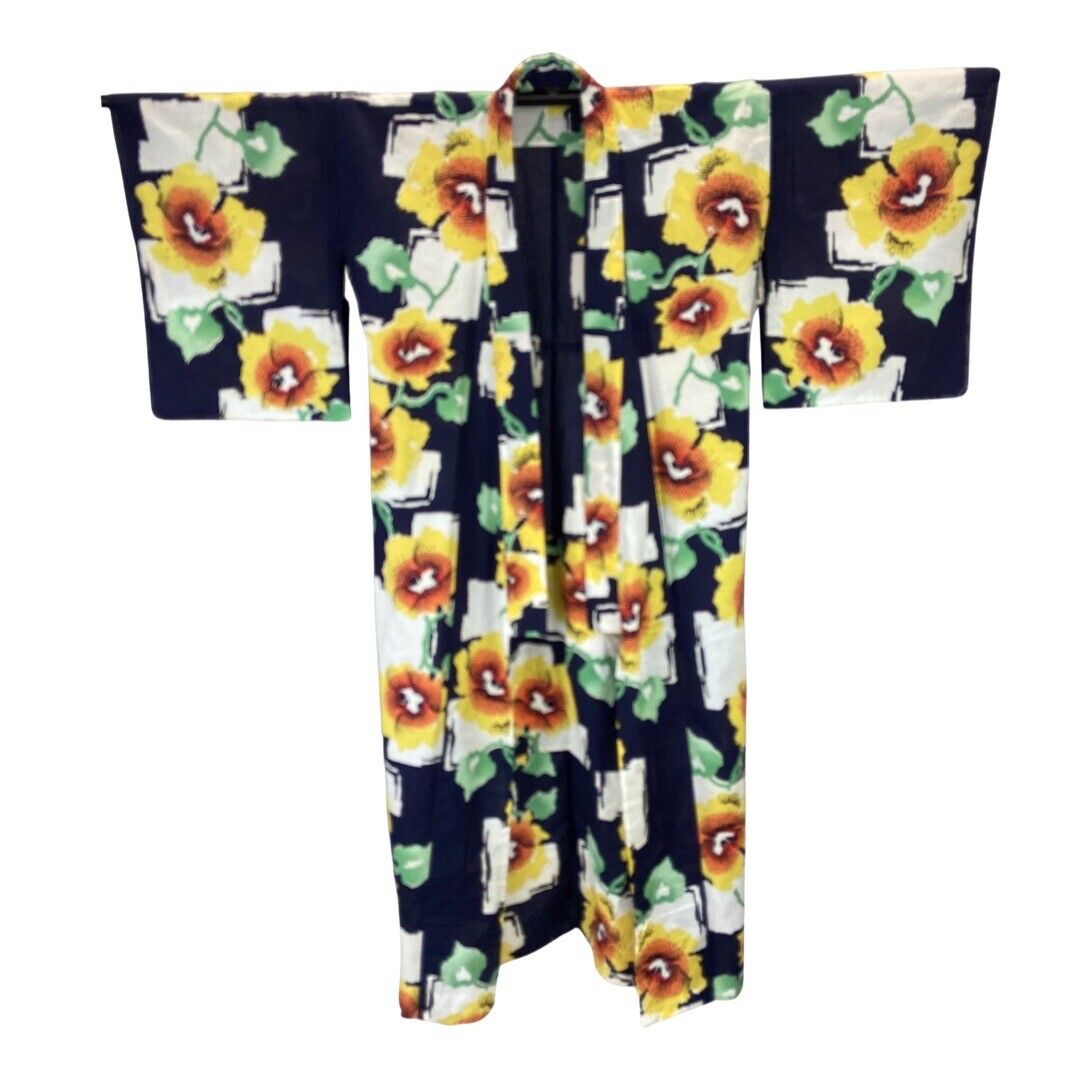 Vintage 80s 90s Navy Blue Yellow White Floral Komon Showa Kimono 16 L