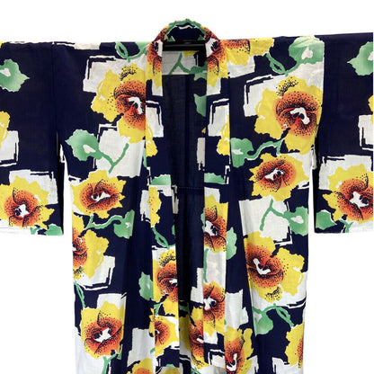 Vintage 80s 90s Navy Blue Yellow White Floral Komon Showa Kimono 16 L