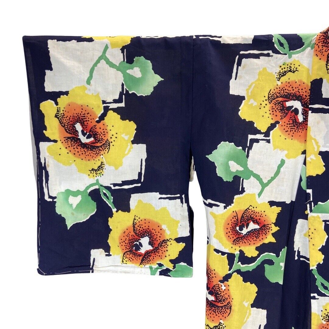Vintage 80s 90s Navy Blue Yellow White Floral Komon Showa Kimono 16 L