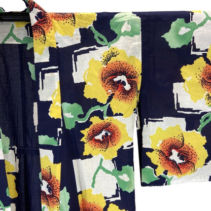 Vintage 80s 90s Navy Blue Yellow White Floral Komon Showa Kimono 16 L