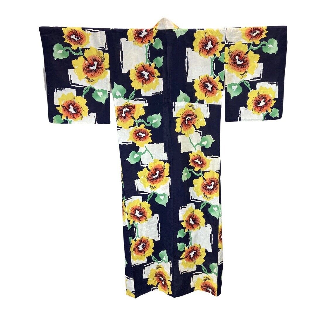 Vintage 80s 90s Navy Blue Yellow White Floral Komon Showa Kimono 16 L