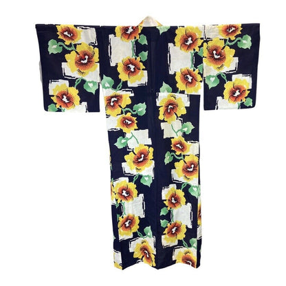 Vintage 80s 90s Navy Blue Yellow White Floral Komon Showa Kimono 16 L
