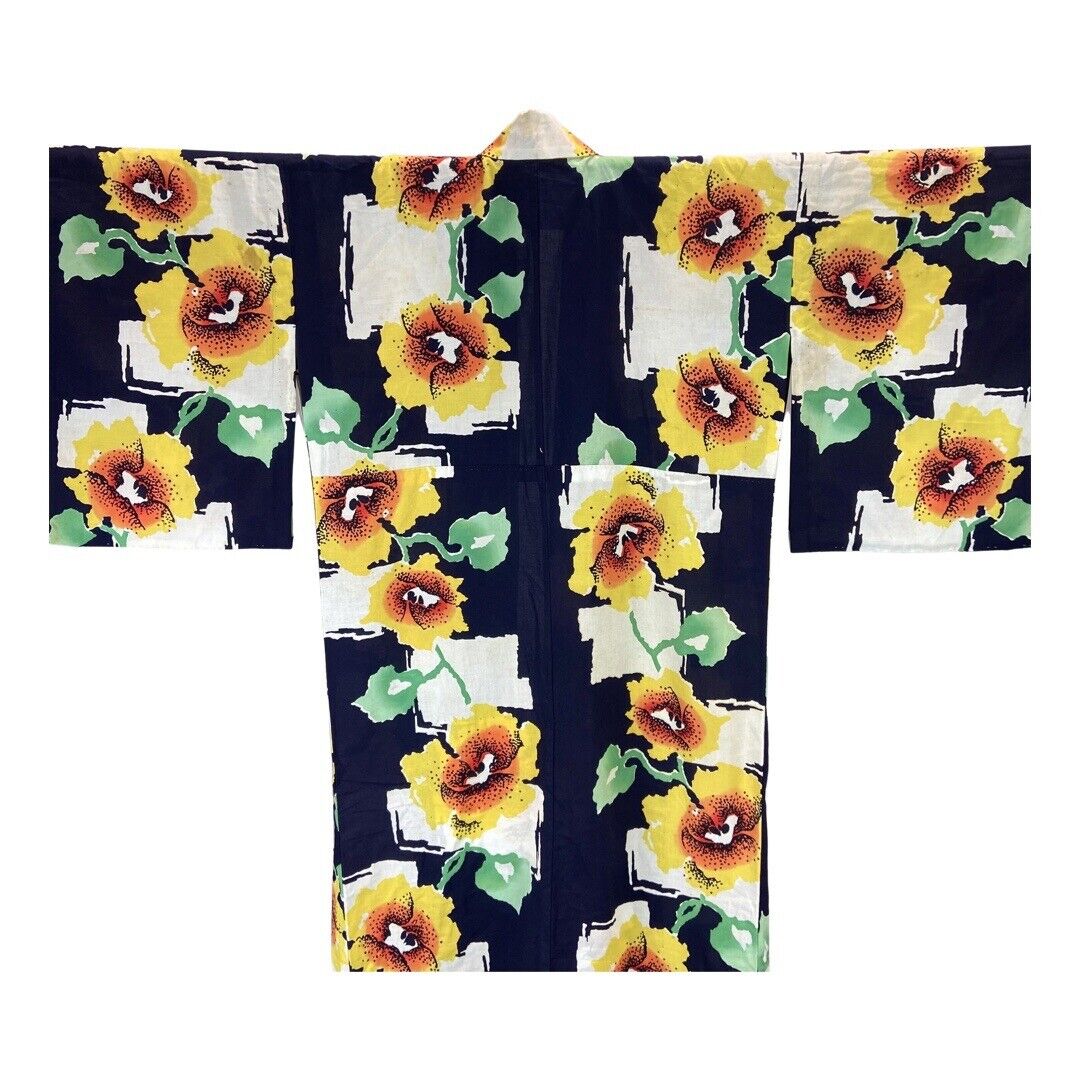 Vintage 80s 90s Navy Blue Yellow White Floral Komon Showa Kimono 16 L
