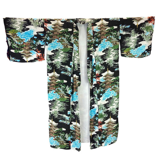 Vintage 80s 90s Black Green Blue Graphic Print Komon Cotton Kimono 16 18 L