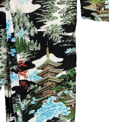 Vintage 80s 90s Black Green Blue Graphic Print Komon Cotton Kimono 16 18 L