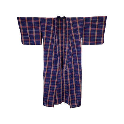 Vintage 80s 90s Indigo Blue Red Yellow Checked Komon Showa Kimono 12 14 M