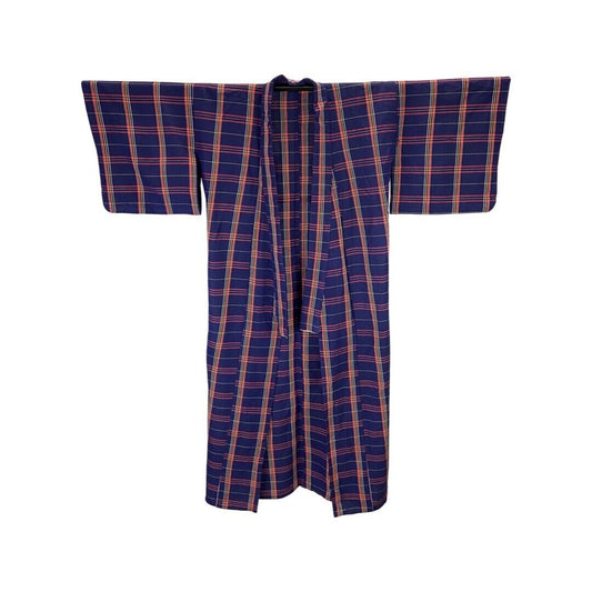 Vintage 80s 90s Indigo Blue Red Yellow Checked Komon Showa Kimono 12 14 M