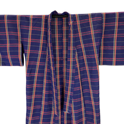 Vintage 80s 90s Indigo Blue Red Yellow Checked Komon Showa Kimono 12 14 M