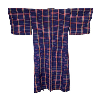 Vintage 80s 90s Indigo Blue Red Yellow Checked Komon Showa Kimono 12 14 M