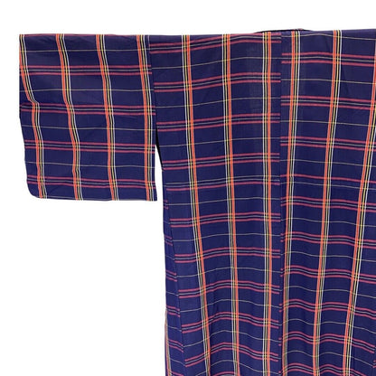 Vintage 80s 90s Indigo Blue Red Yellow Checked Komon Showa Kimono 12 14 M