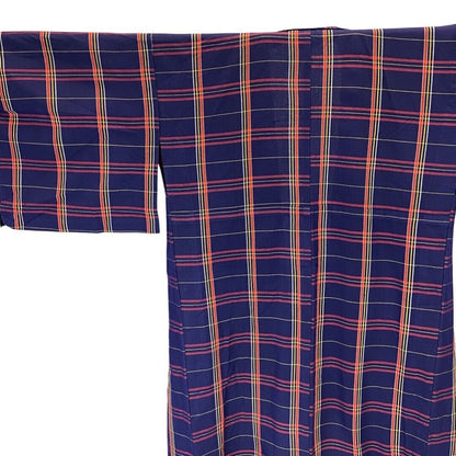 Vintage 80s 90s Indigo Blue Red Yellow Checked Komon Showa Kimono 12 14 M