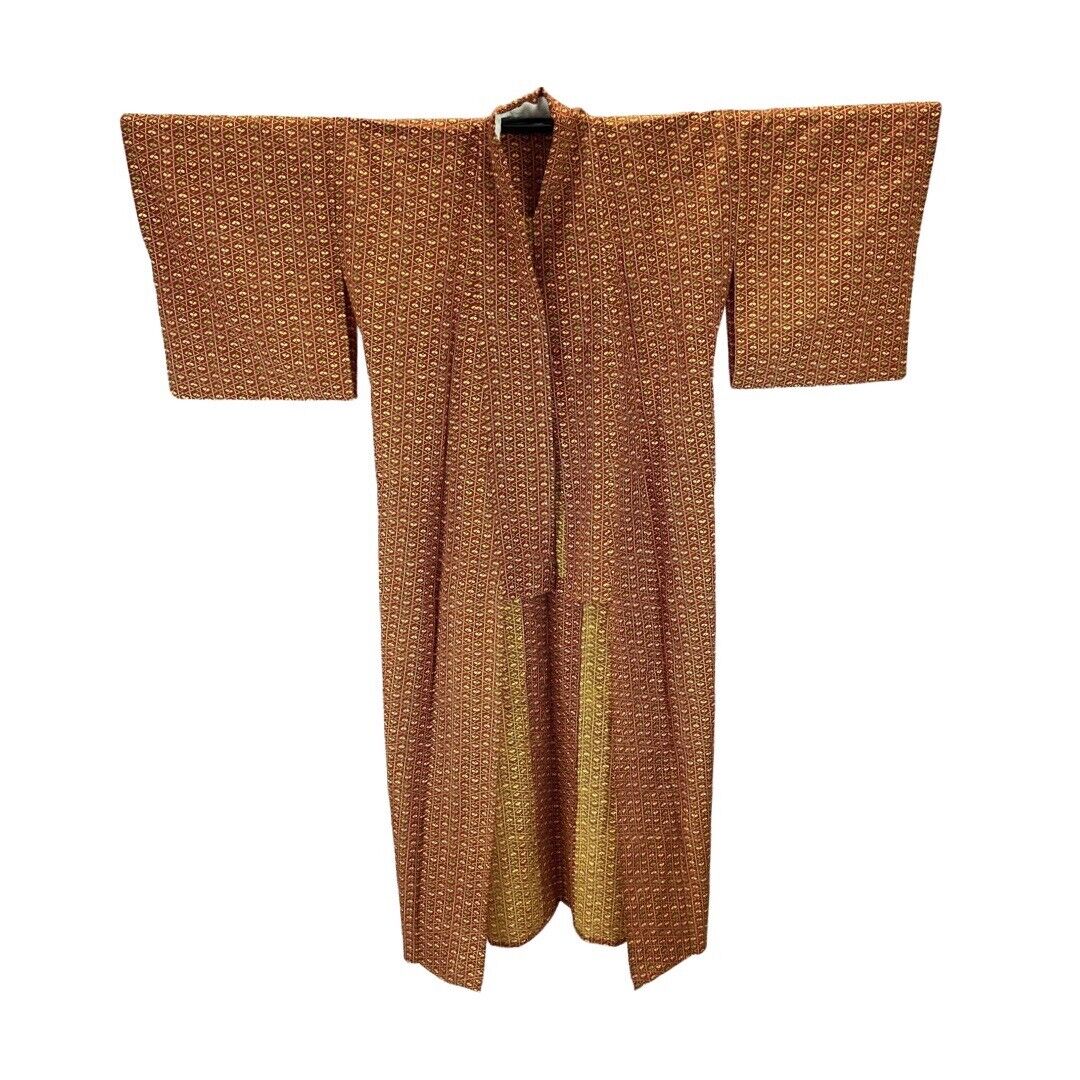 Vintage 80s 90s Brown Orange Geometric Leaf Komon Showa Kimono 16 L