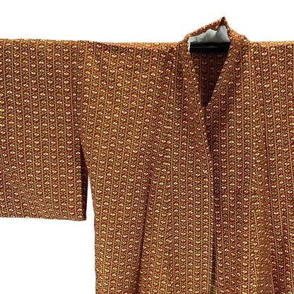 Vintage 80s 90s Brown Orange Geometric Leaf Komon Showa Kimono 16 L