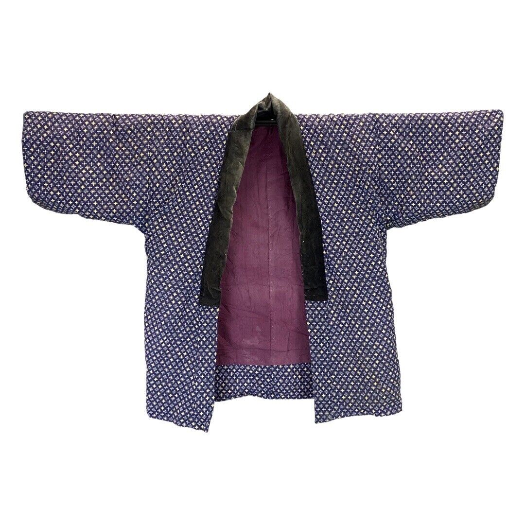 Vintage 80s 90s Navy Blue Geometric Polka Dot Haori Showa Kimono Coat 18 XL