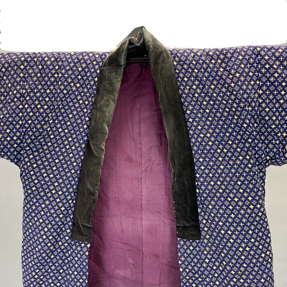 Vintage 80s 90s Navy Blue Geometric Polka Dot Haori Showa Kimono Coat 18 XL
