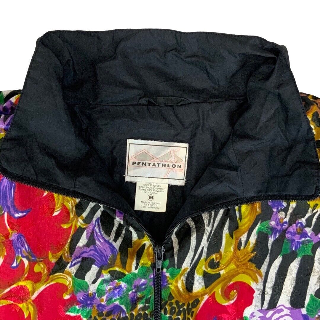 Vintage 80s 90s Black Pentathlon Graphic Patterned Shell Bomber Jacket XL