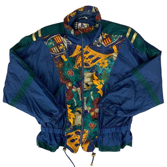 VTG 80s90s Navy Green River Edge Graphic Baroque Print Shell Bomber Jacket XXL