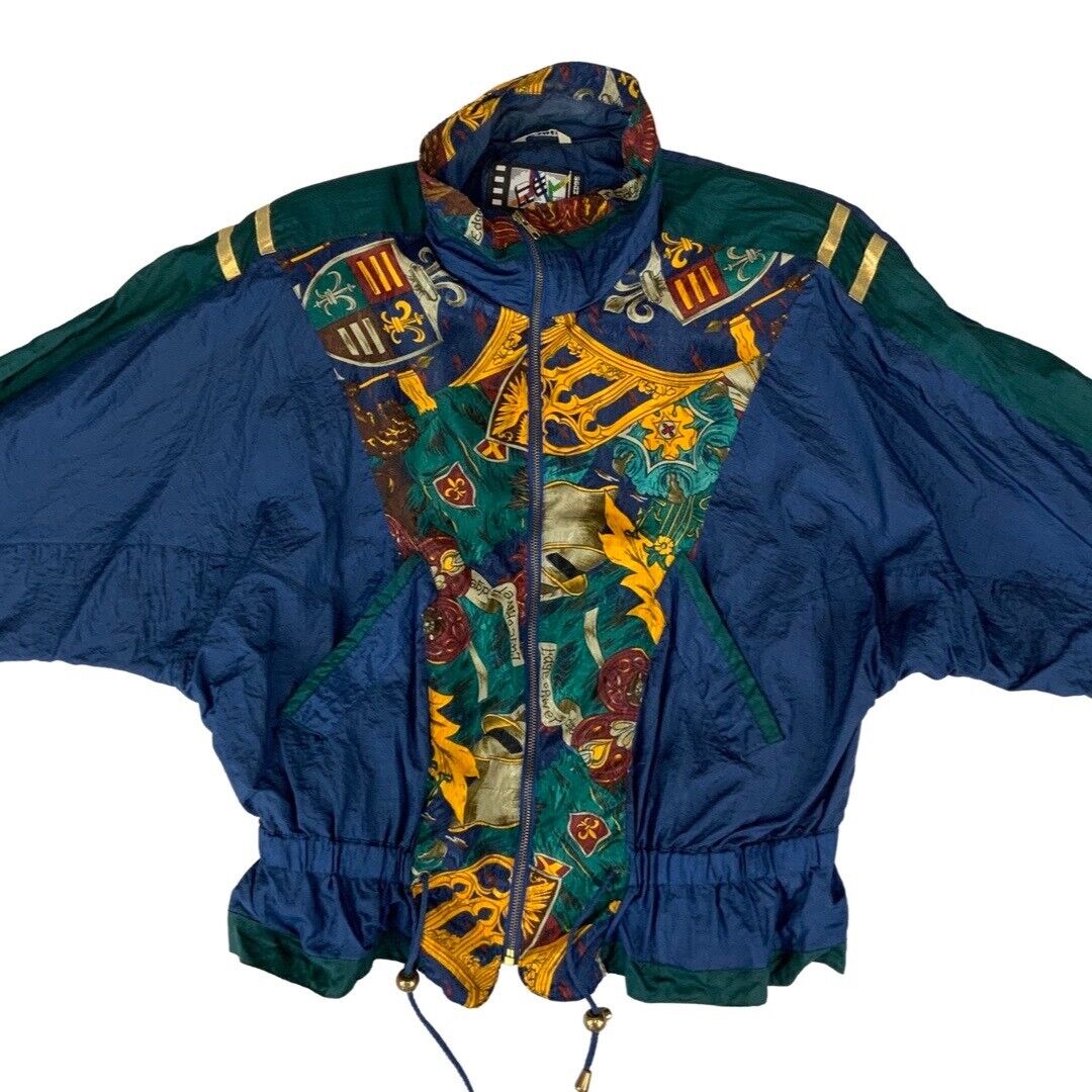VTG 80s90s Navy Green River Edge Graphic Baroque Print Shell Bomber Jacket XXL