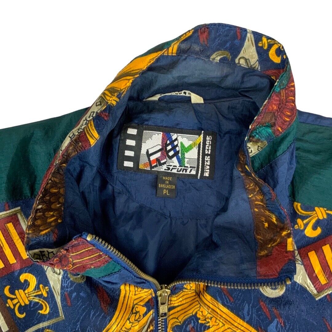 VTG 80s90s Navy Green River Edge Graphic Baroque Print Shell Bomber Jacket XXL