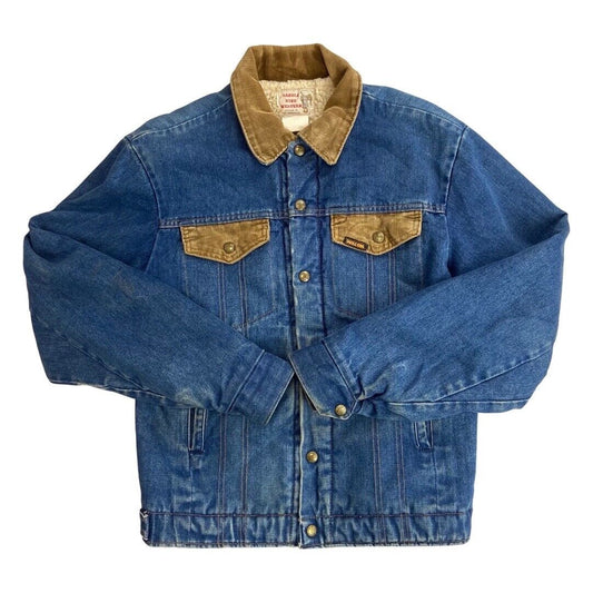 VTG 70s DENIM KEY SADDLE KING WESTERN SHERPA LINED TRUCKER RODEO JACKET 38” S