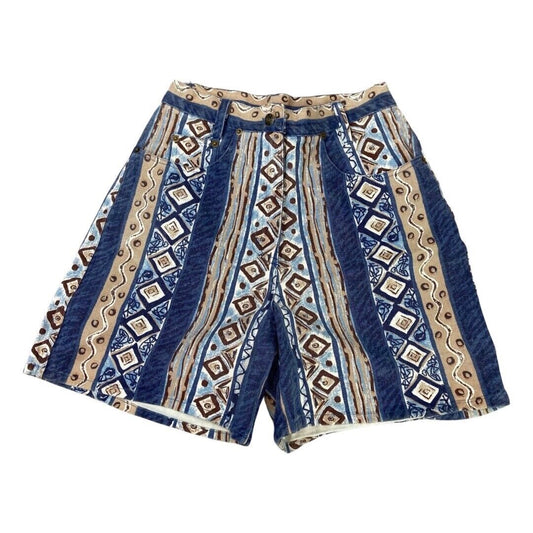 Vintage 90s 00s Blue Cream Aztec Geometric Print High Wasted Denim Shorts 8 10 S