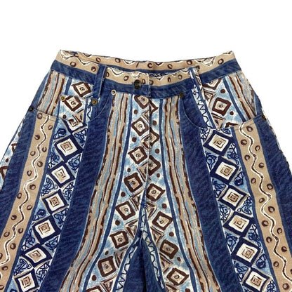 Vintage 90s 00s Blue Cream Aztec Geometric Print High Wasted Denim Shorts 8 10 S