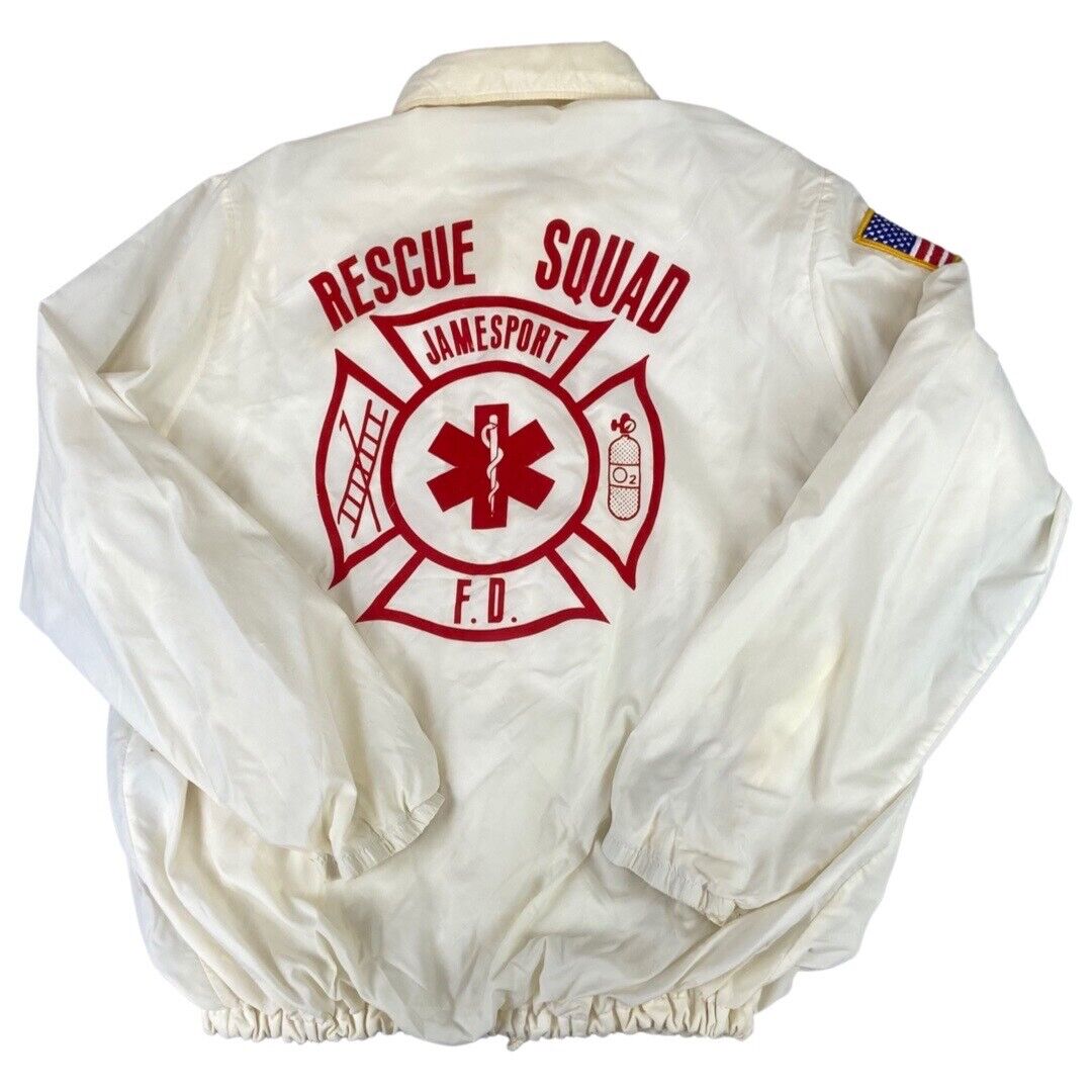 VTG 70s USA JAMESPORT NY FIRE DEPT RESCUE SQUAD SILKY BOMBER JACKET 40” M