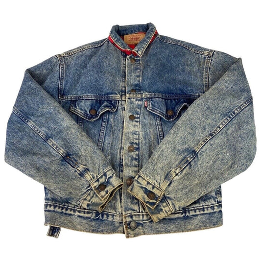 VTG 80s USA LEVIS RED TAB PLAID FLANNEL LINED TYPE 3 DENIM TRUCKER JACKET 38” S