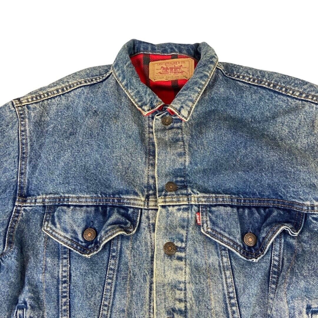 VTG 80s USA LEVIS RED TAB PLAID FLANNEL LINED TYPE 3 DENIM TRUCKER JACKET 38” S