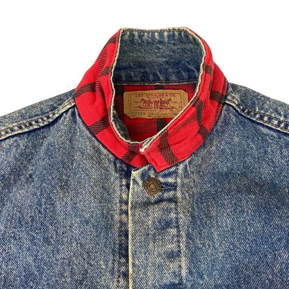 VTG 80s USA LEVIS RED TAB PLAID FLANNEL LINED TYPE 3 DENIM TRUCKER JACKET 38” S