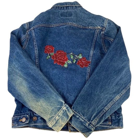 VTG 80s CUSTOMISED GLASS ROSES TYPE 3 TRUCKER DENIM JACKET ROCKABILLY MOD 34” XS