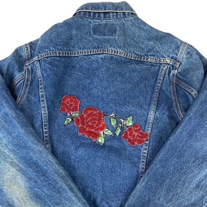 VTG 80s CUSTOMISED GLASS ROSES TYPE 3 TRUCKER DENIM JACKET ROCKABILLY MOD 34” XS