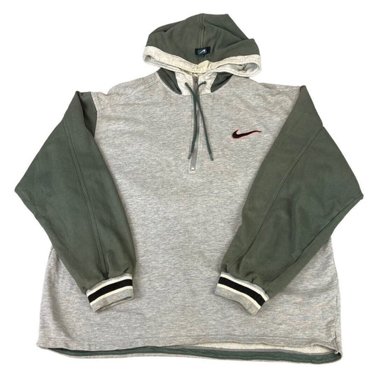 Vintage Retro 1990s Grey & Khaki Green Nike 1/2 Zip Pull Over Hooded Sweat XL