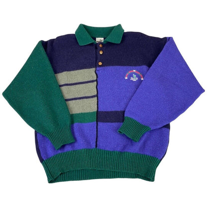 Vintage 1980s Multi-Coloured Puma Knitted Button-Up Woollen Sweater Medium Large