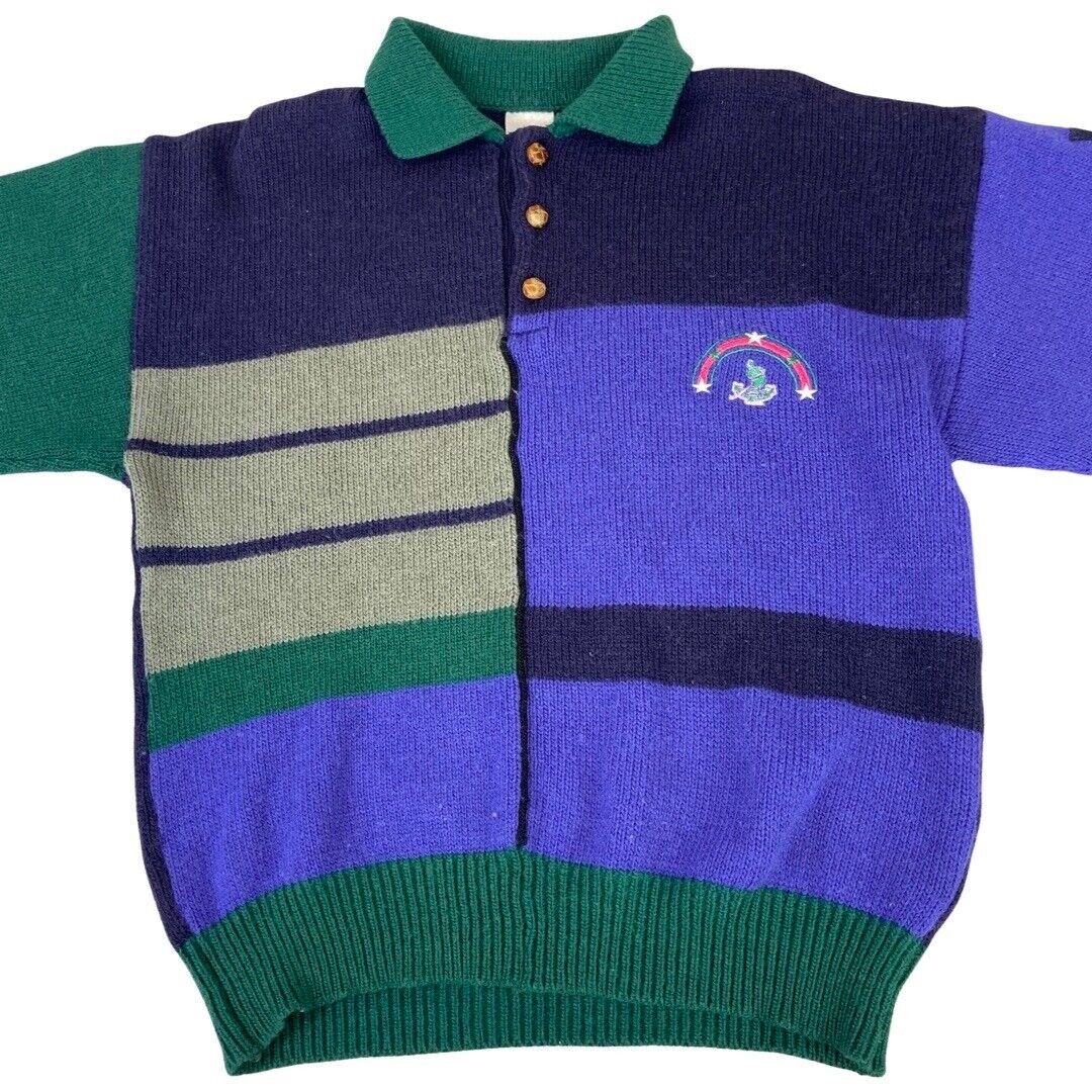 Vintage 1980s Multi-Coloured Puma Knitted Button-Up Woollen Sweater Medium Large