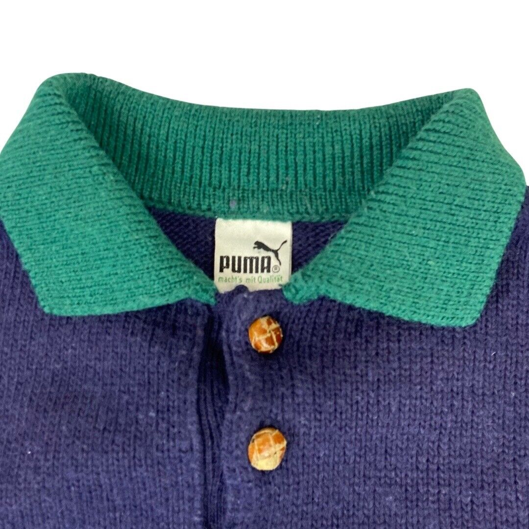 Vintage 1980s Multi-Coloured Puma Knitted Button-Up Woollen Sweater Medium Large