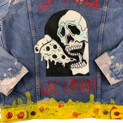 VTG LEVIS CUSTOM PAINTED TYPE 3 TRUCKER JACKET IN PIZZA WE CRUST SKULL 42" L