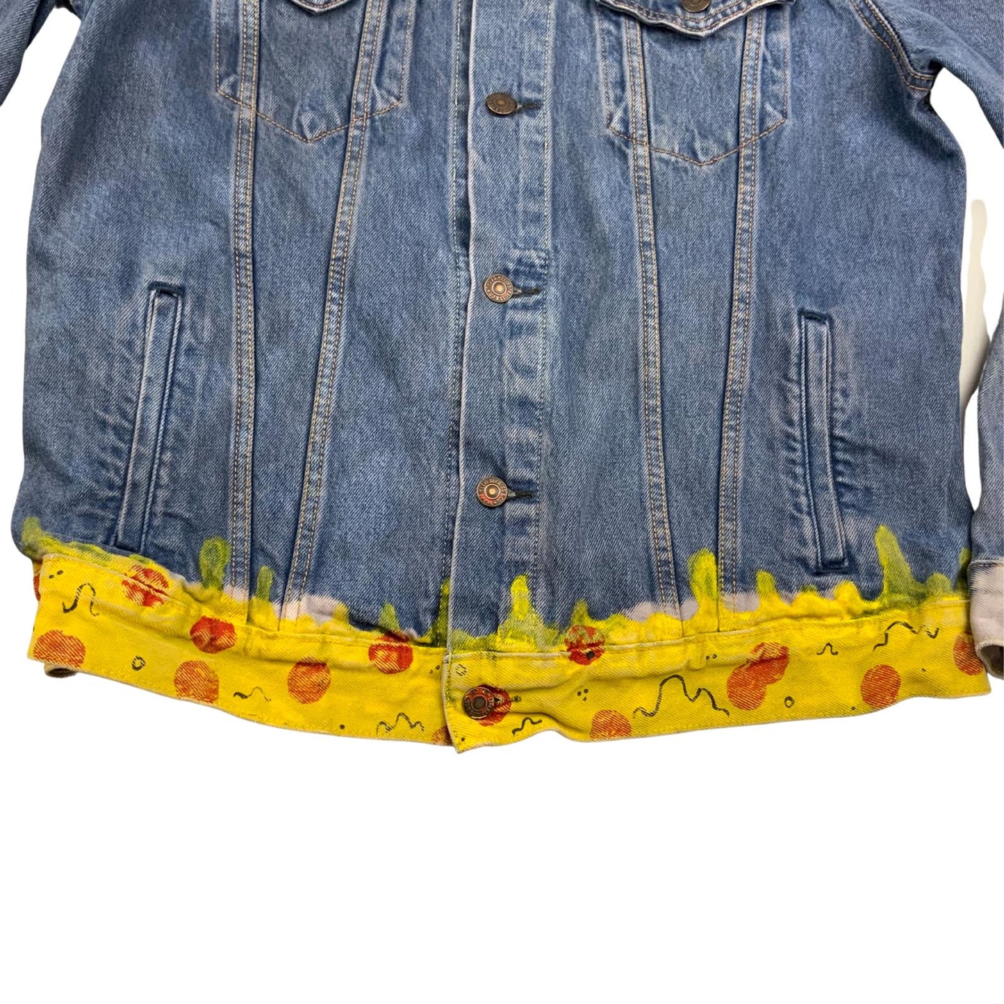 VTG LEVIS CUSTOM PAINTED TYPE 3 TRUCKER JACKET IN PIZZA WE CRUST SKULL 42" L